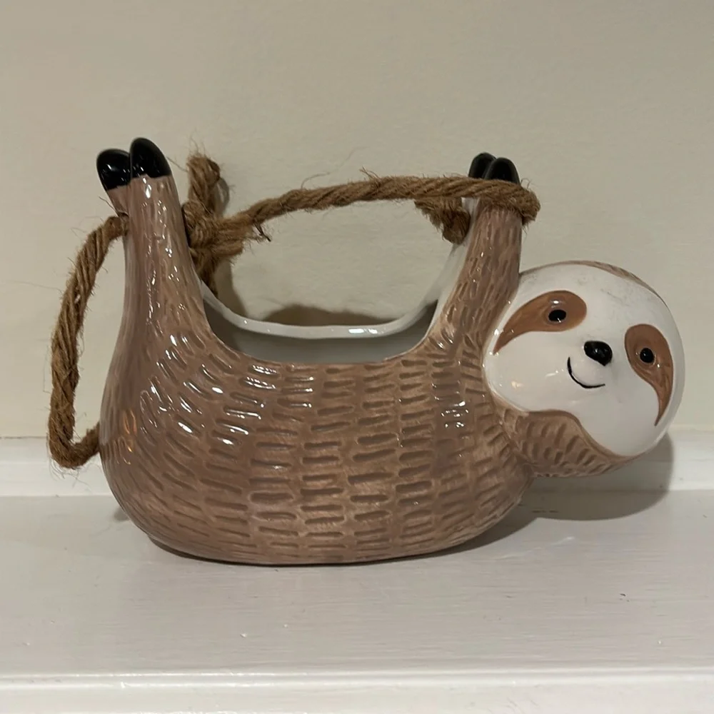 Bohemian Hanging Sloth Ceramic Jute Indoor Plant Holder